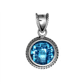 Retail Blue Topaz Quartz sterling silver round pendant with twisted rope bezel, handcrafted in Bali.